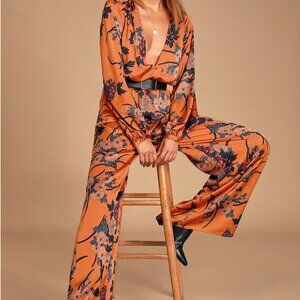 Lulus Love So Pure Orange Floral Print Satin Wide-leg Jumpsuit - Size XS